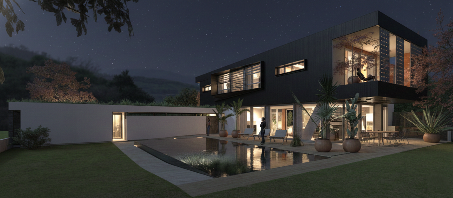 Une maison moderne éclairée la nuit, avec une piscine et un jardin avec des plantes en pot, des chaises longues, et des personnes dehors.