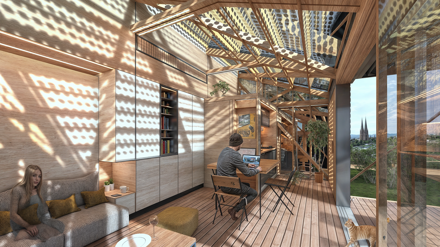 Intérieur moderne avec enchevêtrement de structures en bois au plafond, grand mur en verre laissant passer la lumière, salon avec canapé et coussins, un homme travaille sur un ordinateur à un bar en bois, une femme assise sur le canapé, un chat tigré