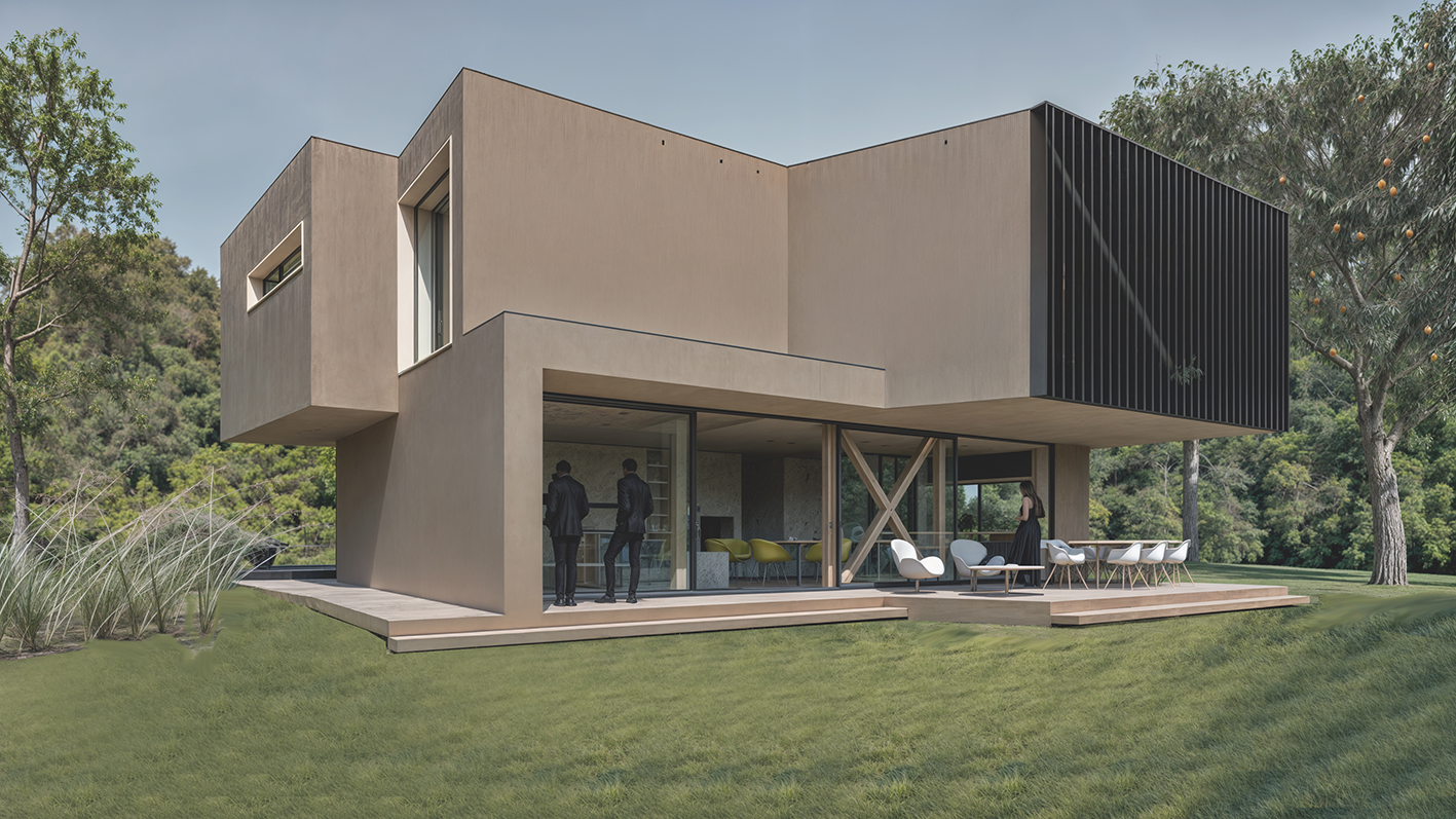 Maison moderne avec terrasse en plein air, deux hommes discutant, une femme assise, entourée de verdure et d'arbres.