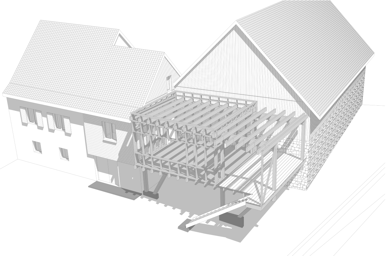 Représentation schématique d'une extension de maison avec une structure en bois en cours de construction.