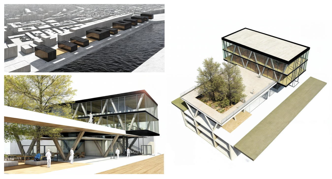 Conception architecturale d'un bâtiment moderne avec structure en acier, espace intérieur avec arbres et personnes, implantation sur un site avec accès au lac ou rivière.