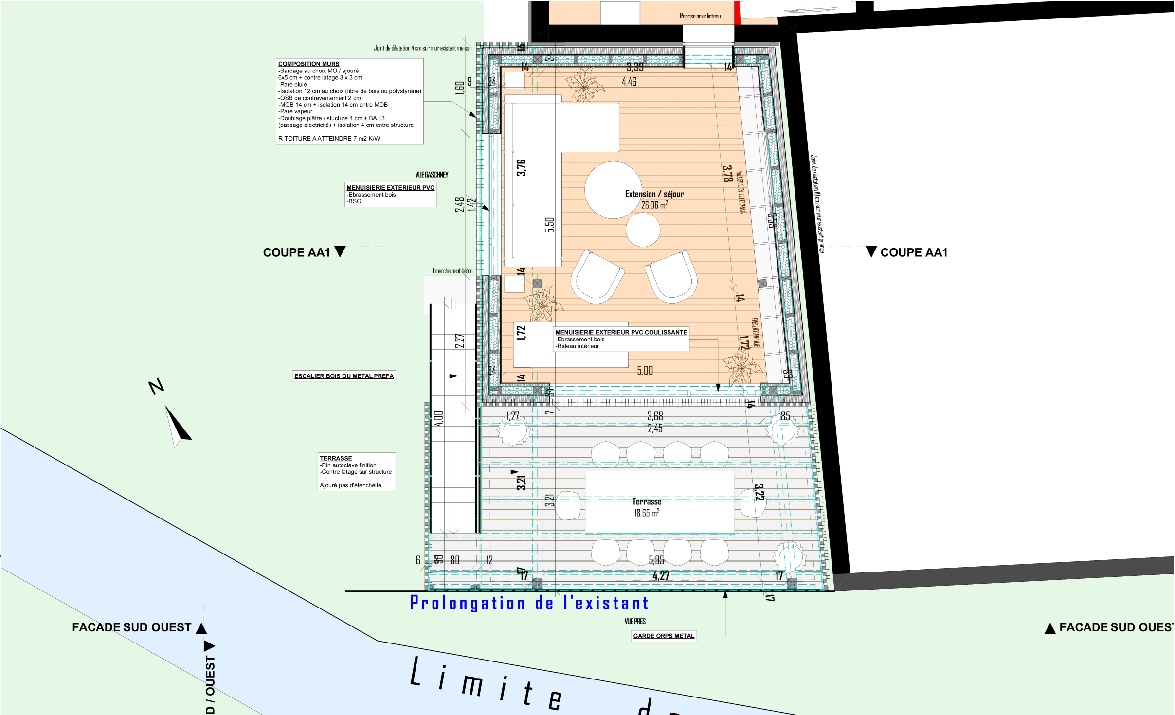 Plan architectural d'une extension de séjour de 26 m² avec terrasse de 18,65 m², incluant les détails des matériaux, la position des meubles, et les dimensions. L'accès principal est une porte vers l'intérieur, avec un escalier en bois ou en métal. L