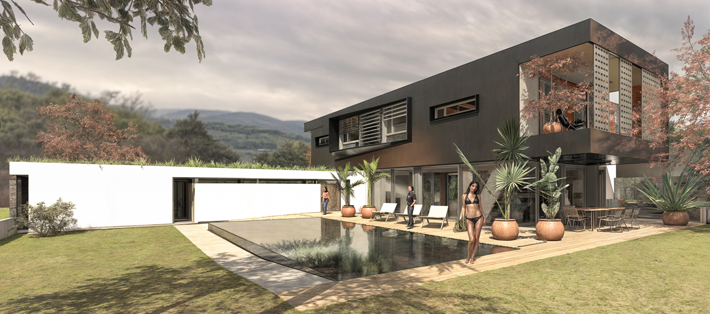 Une maison moderne avec un espace piscine, plusieurs personnes et des plantes en pot.