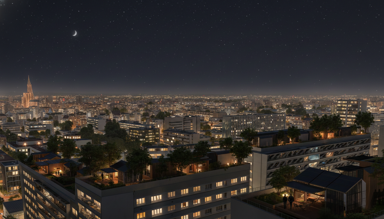 Une vue nocturne d'une ville avec un ciel étoilé et une lune, montrant des bâtiments modernes et des quartiers résidentiels avec des éclairages chaleureux.