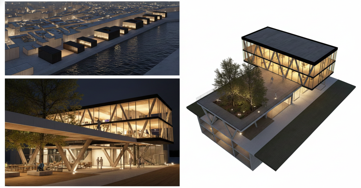 Conception architecturale d'un bâtiment moderne en verre avec structure en acier, jardin intérieur et espace extérieur lumineux.