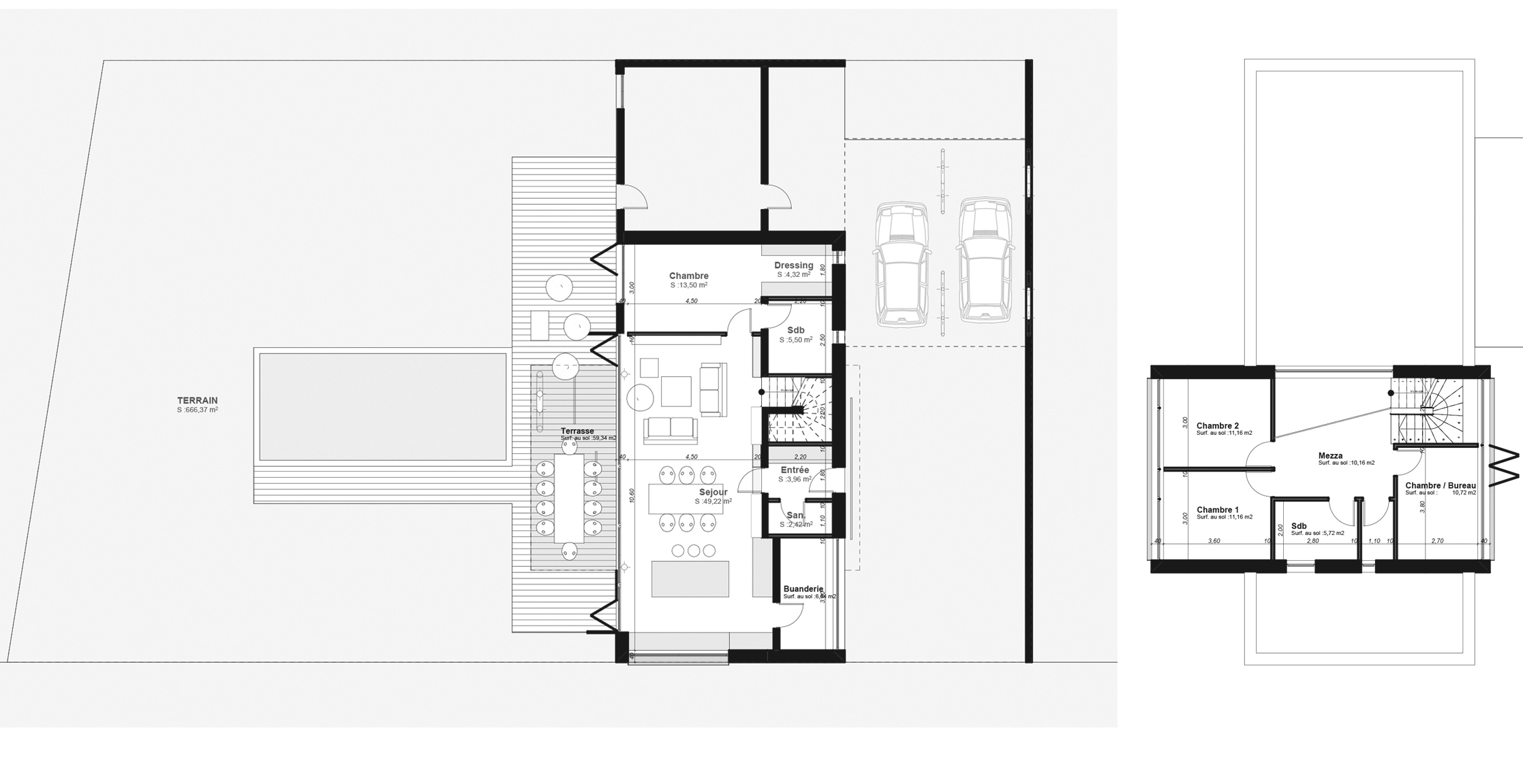 Plan architectural d'une maison avec deux étages, comprenant un garage, un salon, une cuisine, des chambres, une terrasse et un terrain extérieur.