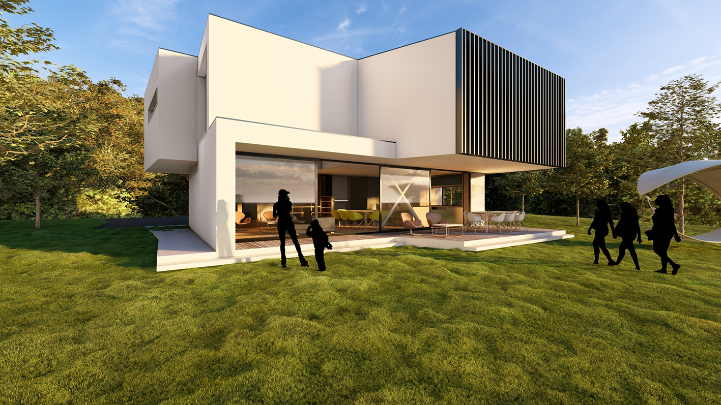 Une maison moderne avec un design minimaliste, de grandes fenêtres en verre, un porche avec du mobilier extérieur, entourée d'un jardin verdoyant et d'arbres, sous un ciel bleu avec quelques nuages.