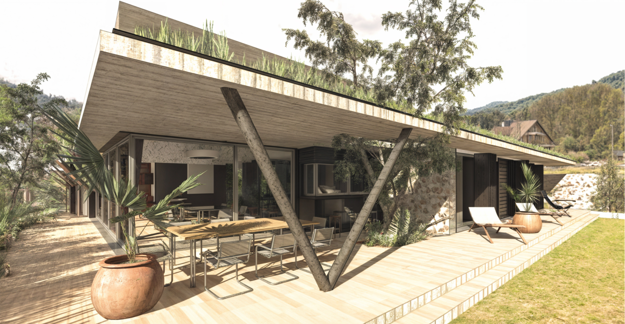 Maison moderne avec une terrasse en bois, entourée d'arbres et de végétation, avec des chaises longues et des plantes décoratives.