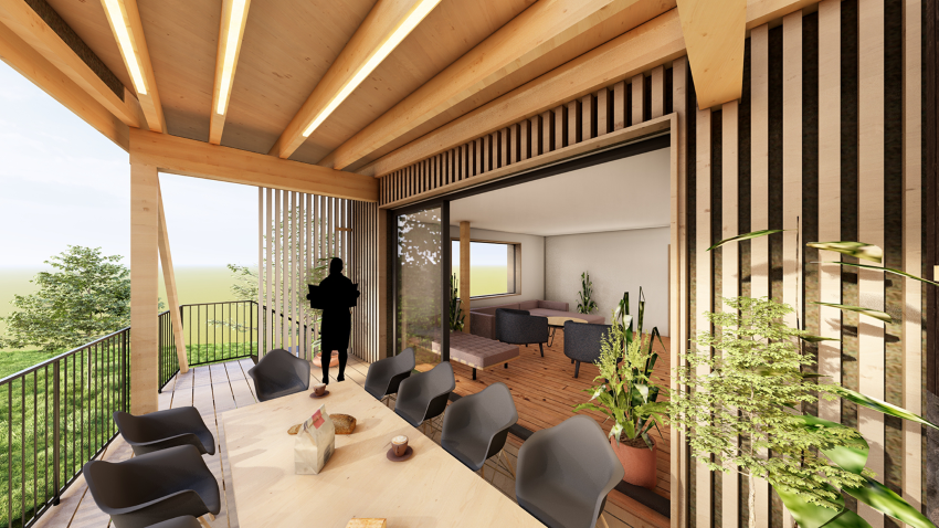 Balcon avec table en bois, chaises noires, vue sur la nature, intérieur de salon avec plantes vertes et meubles modernes.