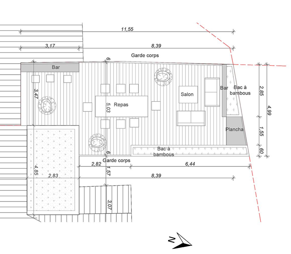 Plan architectural d'une terrasse ou d'un espace extérieur avec meubles, bar, cheminée, et zones de détente.