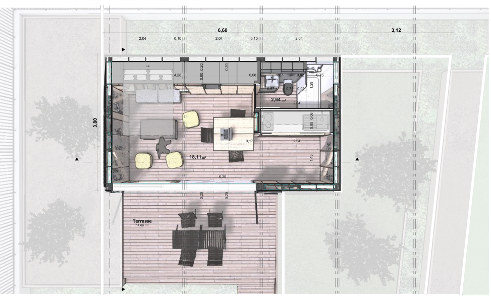 Plan d'une maison avec terrasse extérieure, comprenant une salle de séjour, une cuisine, une salle de bain et des espaces de rangement.