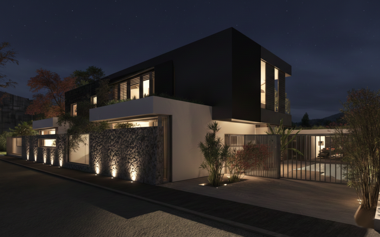 Un bâtiment moderne résidentiel la nuit, avec l'éclairage extérieur, entouré de végétation et un portail en grillage.
