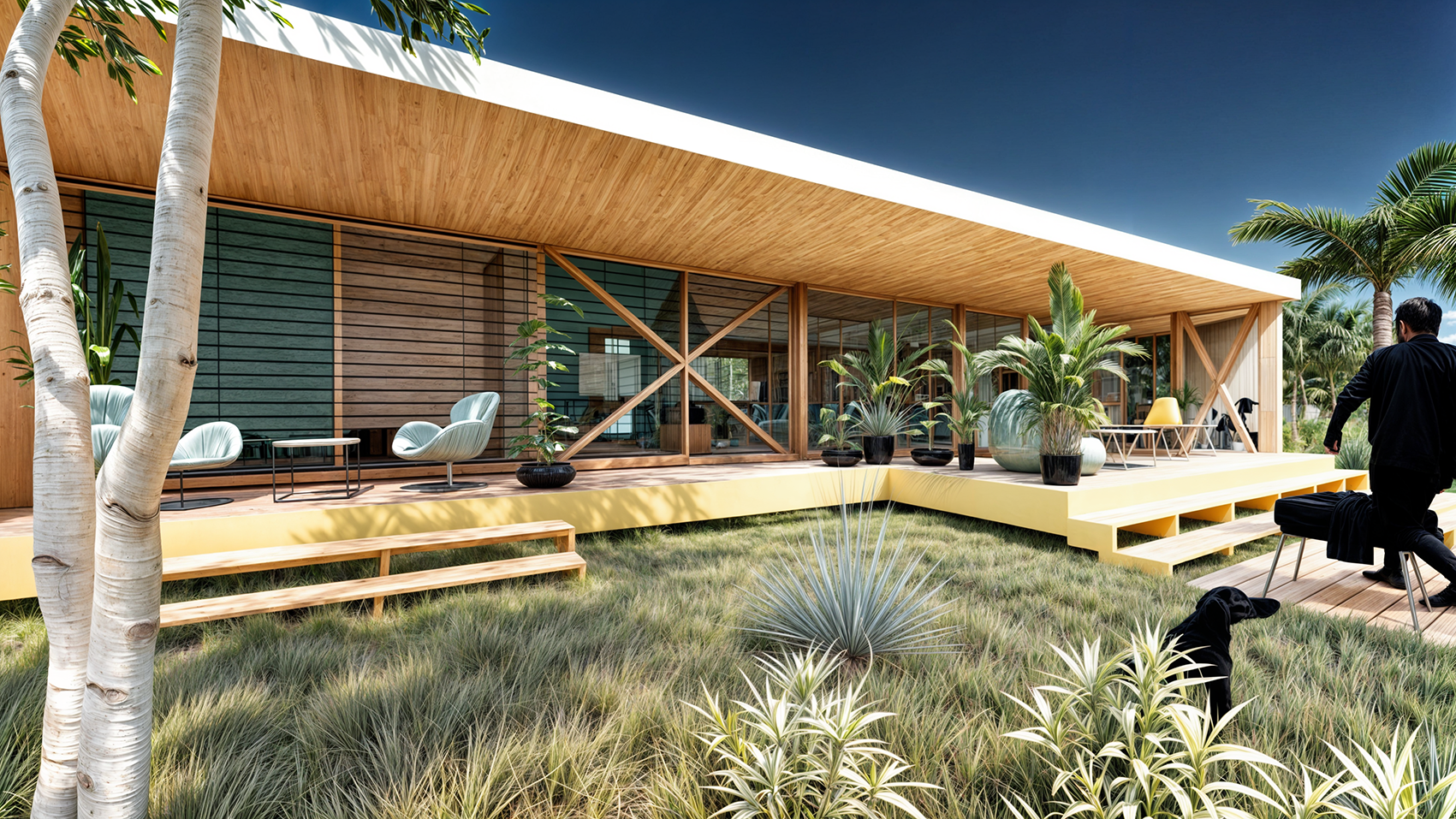 Une maison moderne en bois avec une terrasse ornée de plantes tropicales et de fauteuils, sous un ciel bleu clair, entourée d'arbres palmés.