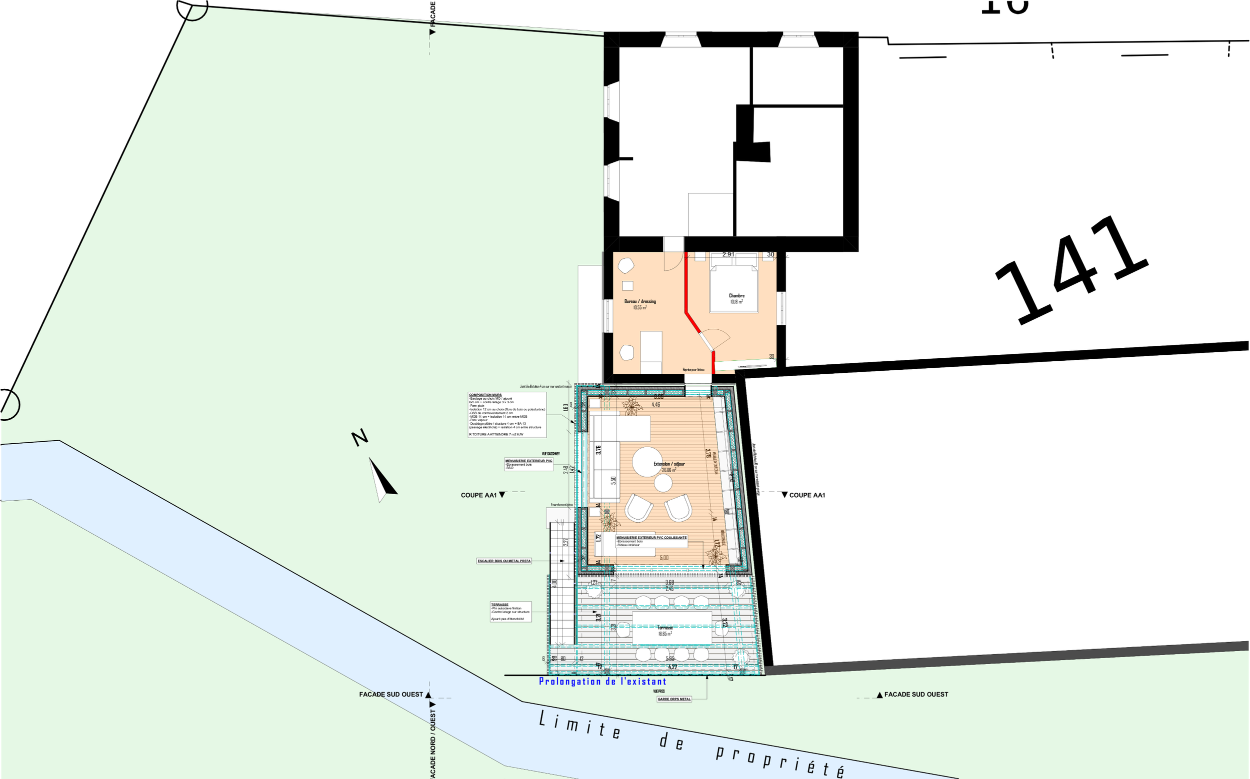 Plan architectural d'une extension de maison, comprenant un salon, une chambre, un bureau, une terrasse extérieure, et des espaces verts environnants.