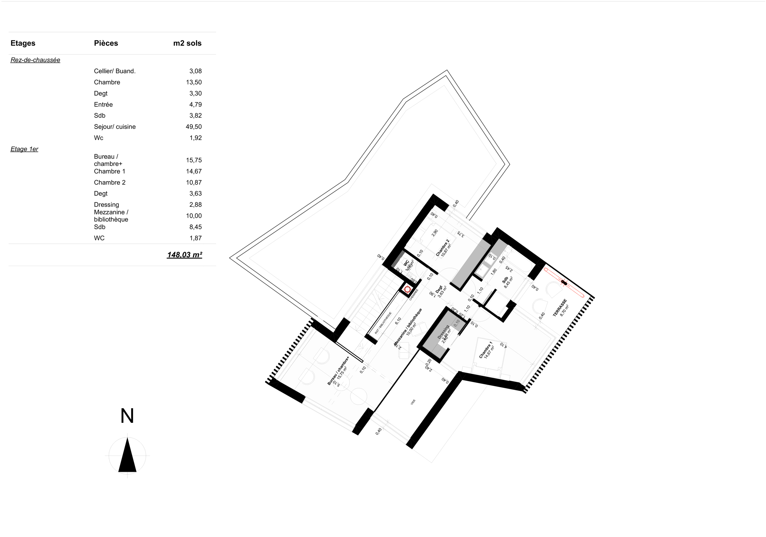 Plan architectural d'une maison avec listings de pièces et surface en mètres carrés, comprenant un rez-de-chaussée et un premier étage, avec différentes chambres, salles de bains, un bureau et un espace cuisine.