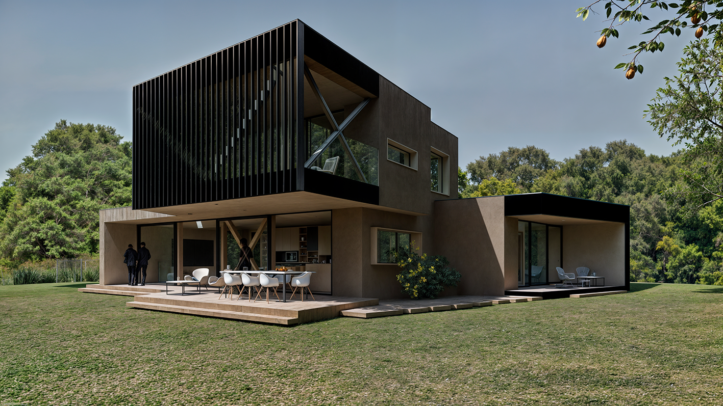 Maison moderne à deux niveaux avec terrasse extérieure, grande baie vitrée, et espace salon meublé, entourée de verdure.