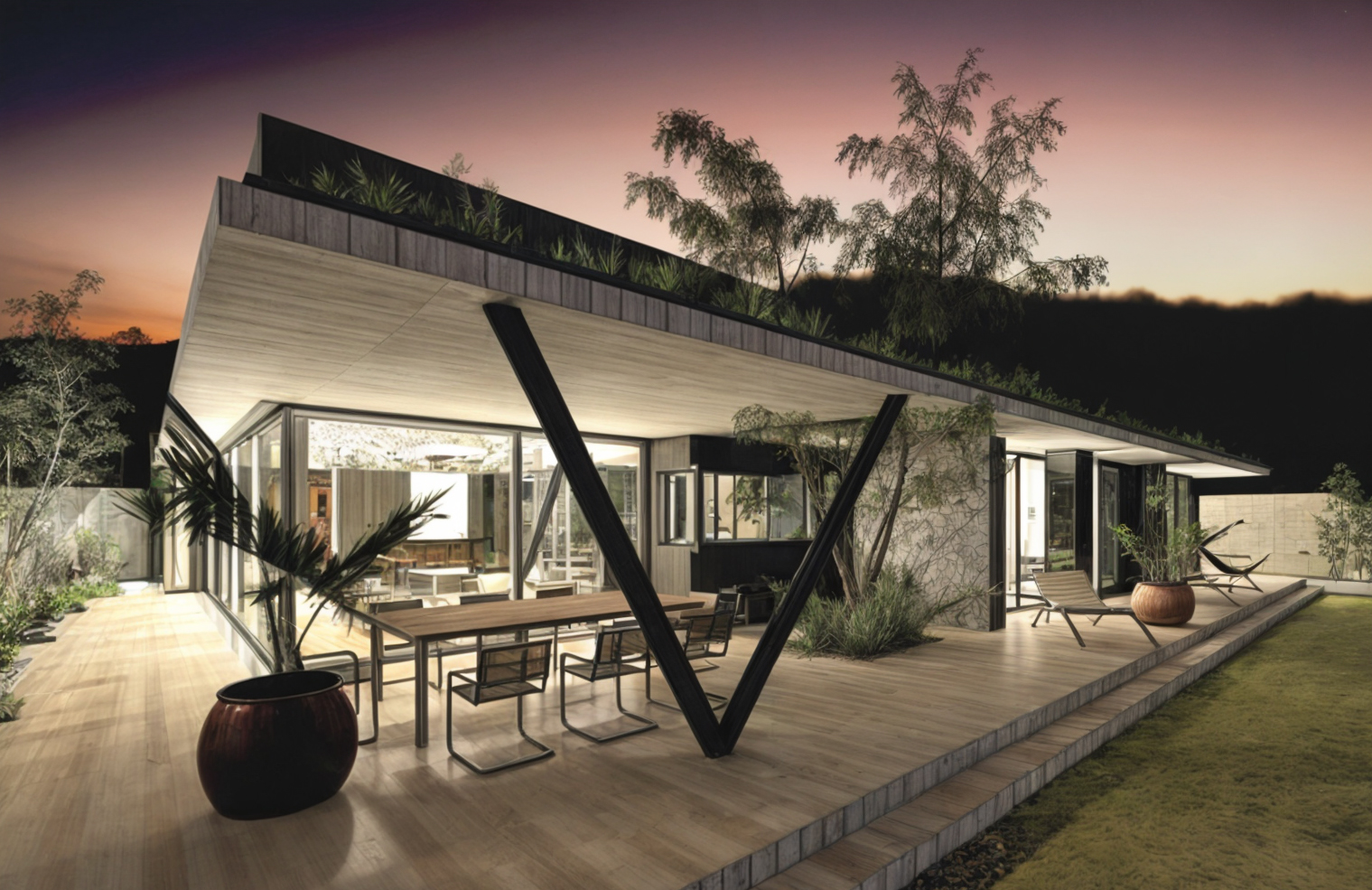 Maison moderne avec grande terrasse en bois, fenêtres en verre, arbres et plantes, éclairage intérieur et extérieur, au coucher du soleil.