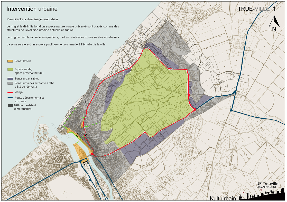Carte du plan d'aménagement urbain pour Up Trouville avec différentes zones, notamment un espace naturel préservé en vert, des zones urbanisées en violet, et plusieurs routes en rouge, bleu et vert. La carte indique également le ring de la ville et c