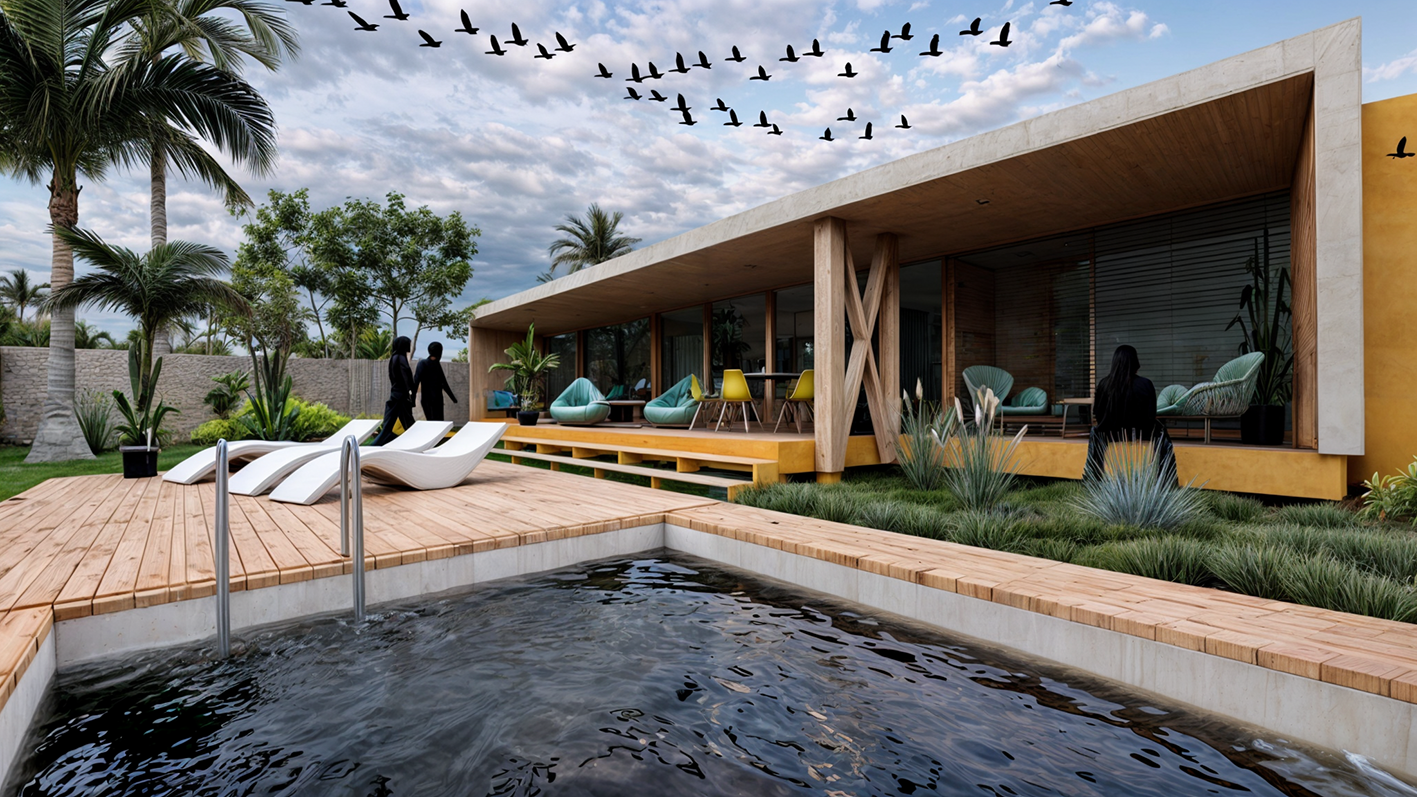 Une maison moderne avec une terrasse en bois, un jacuzzi, des transats, et un jardin tropical avec des palmiers. Le ciel est partiellement nuageux avec un groupe d'oiseaux en vol.