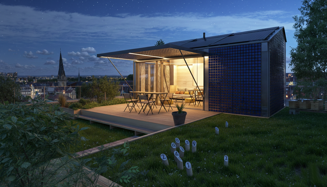 Une maison en toit plat avec une terrasse en bois, des meubles en extérieur et des lampes éclairant l'intérieur, sur un fond de ciel nocturne et ville.