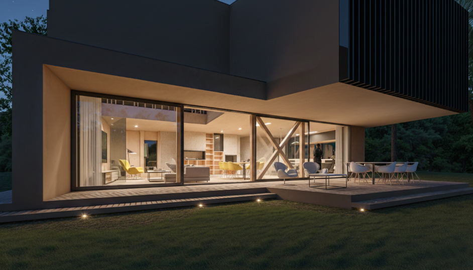 Vue extérieure d'une maison moderne avec grandes fenêtres éclairées, terrasse avec mobilier, et jardin environnant.