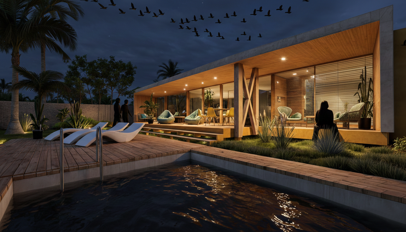 Maison moderne en verre avec terrasse éclairée, piscine, chaises longues en bois, palmiers, arbres, oiseau volant dans le ciel au crépuscule.