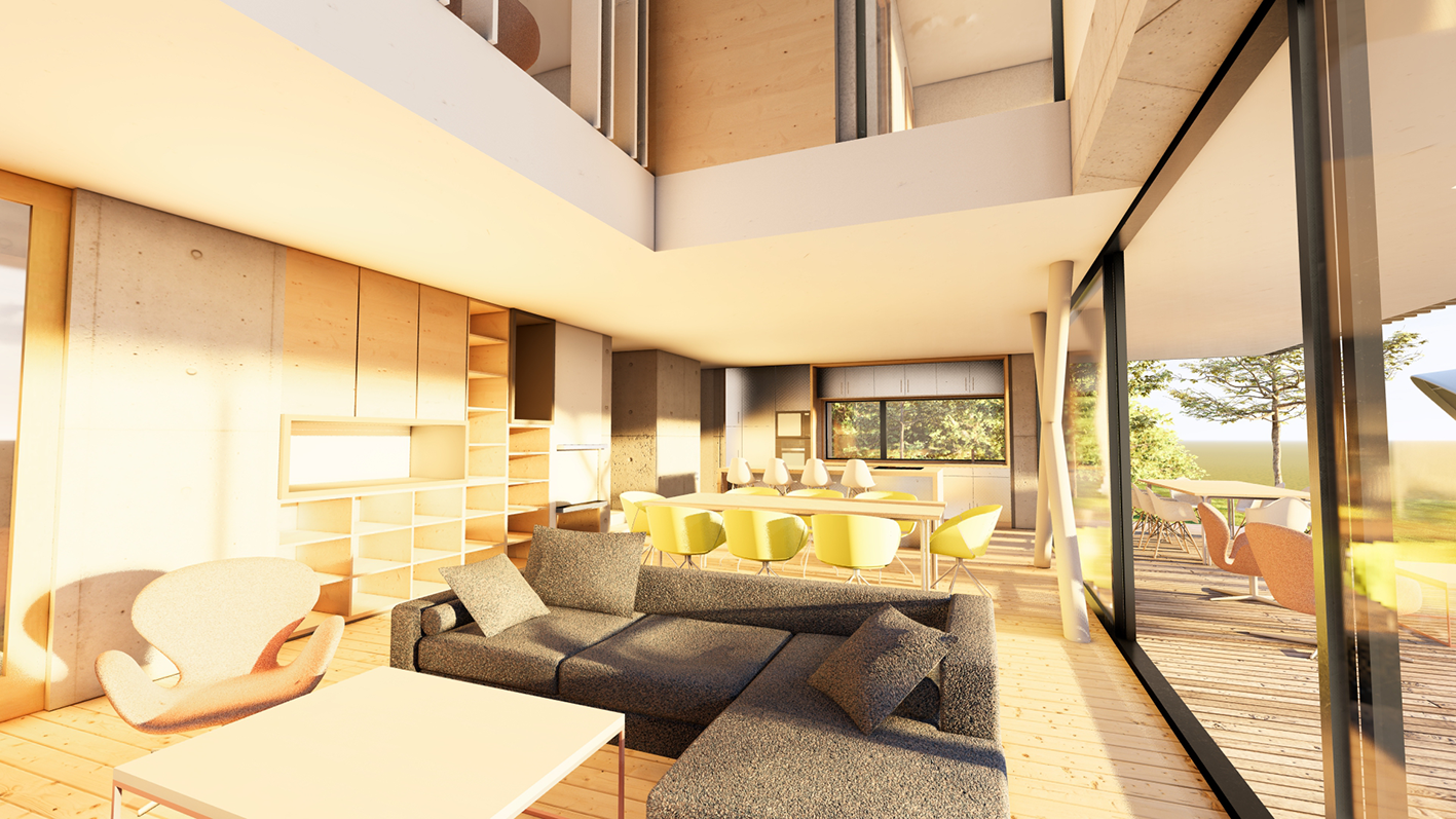 Intérieur moderne d'une maison avec salon et salle à manger lumineux, en bois clair, grandes fenêtres donnant sur un jardin extérieur avec arbres, meubles en tissu gris et vert, décoration minimaliste.