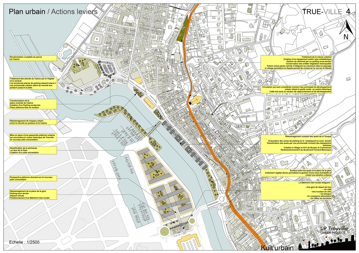 Plan urbain montrant un projet de développement urbain autour d'une rivière, avec des zones de aménagement, des constructions, et des annotations en français décrivant divers travaux et transformations prévues.