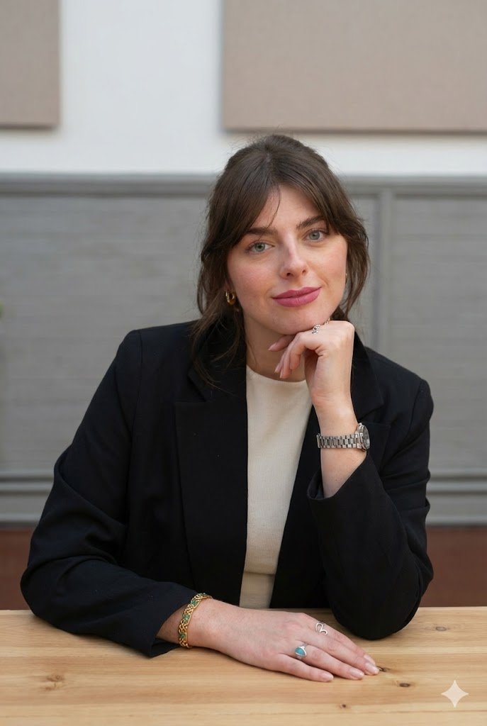A woman sitting at a wooden table, resting her chin on her hand, wearing a black blazer and a light-colored top, with short, wavy brown hair and light makeup, in an indoor setting with gray and beige walls.