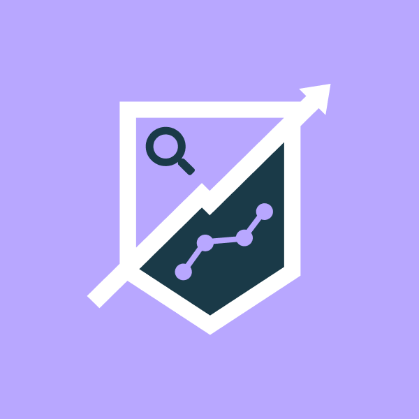 A shield with a line graph inside, a magnifying glass above, and an upward trending arrow extending from the top.