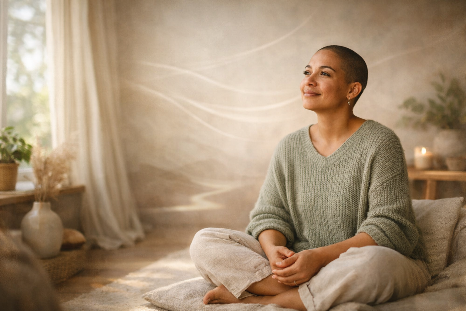 A woman with a shaved head sitting cross-legged on a cushion in a cozy room with soft sunlight, a candle, and plants in the background.