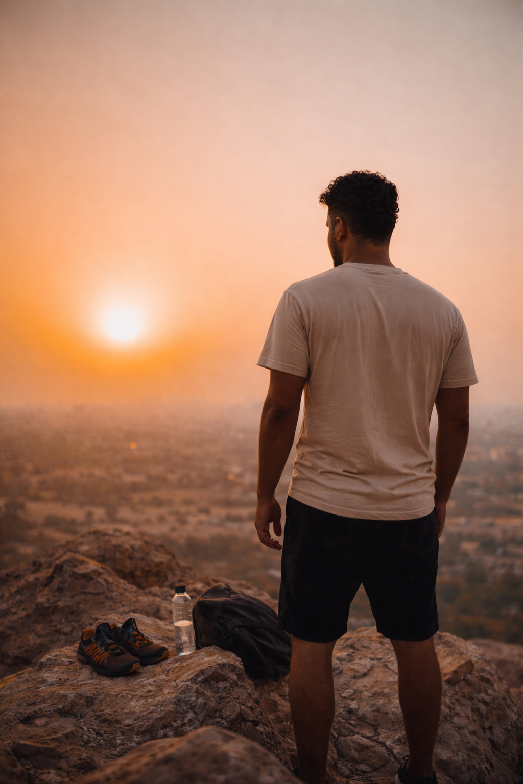 A man standing on rocky terrain at sunset, with shoes, water bottle, and backpack beside him, overlooking a cityscape.
