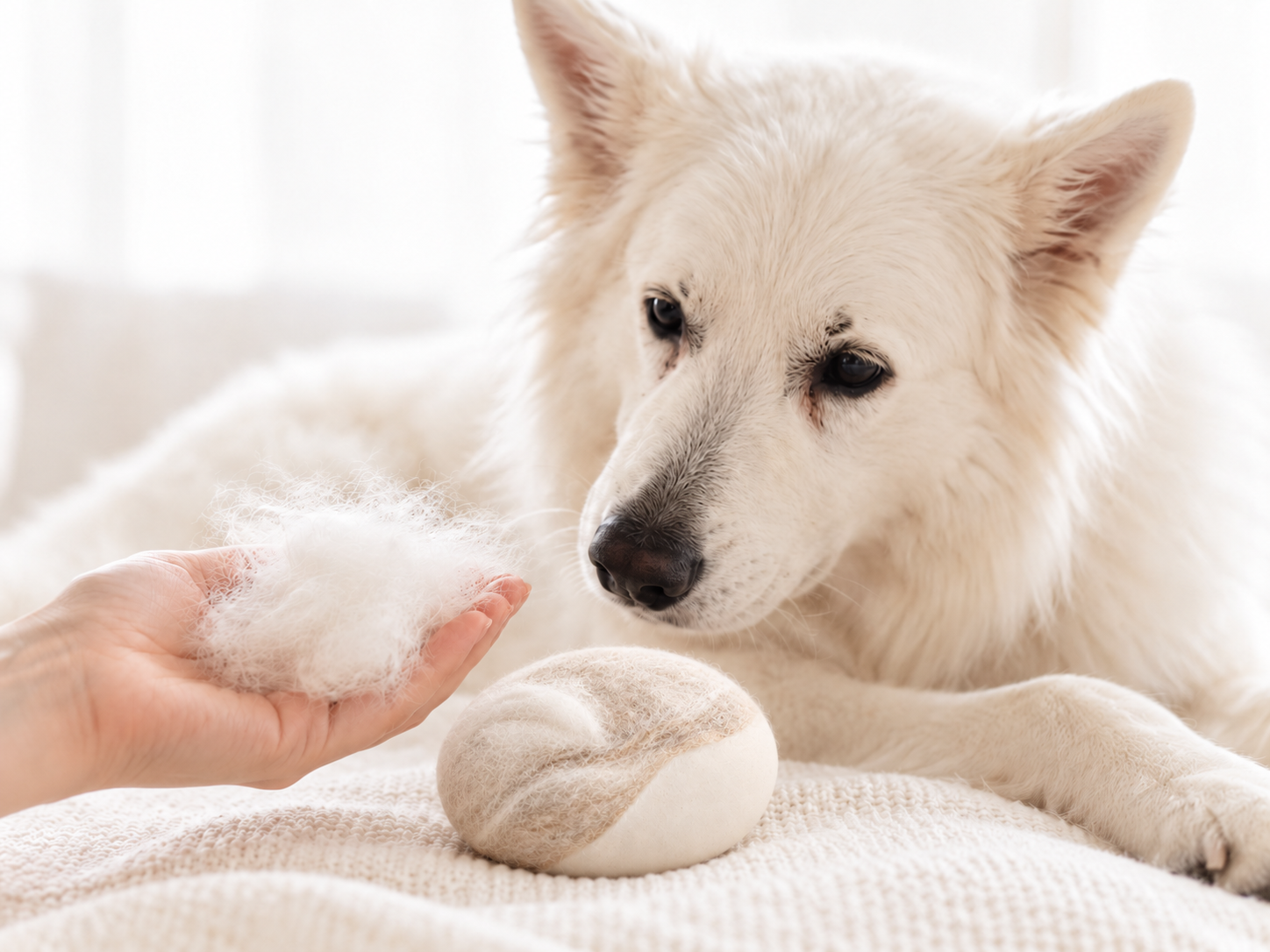 Een witte hond ligt op een lap textiel, een hand houdt pluizige witte vacht vast terwijl de hond naar de uitgeborstelde restharen kijkt, en er ligt een gevilte koesterkei op de lap.