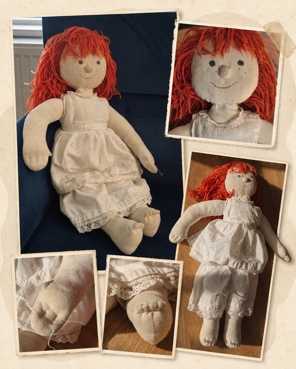 fotocollage met pop Lotte, met kleertjes van vorige generaties