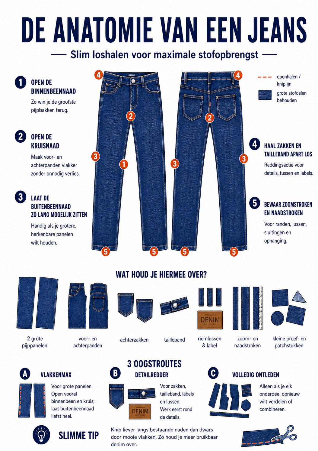 Infographic over de anatomie van een jeans met tips voor het losmaken en behouden van maximale stofopbrengst, inclusief onderdelen zoals de binnenbenen, kruisnaad, buitenbenen, zakken, tailleband en details zoals zoom- en naadstroken.