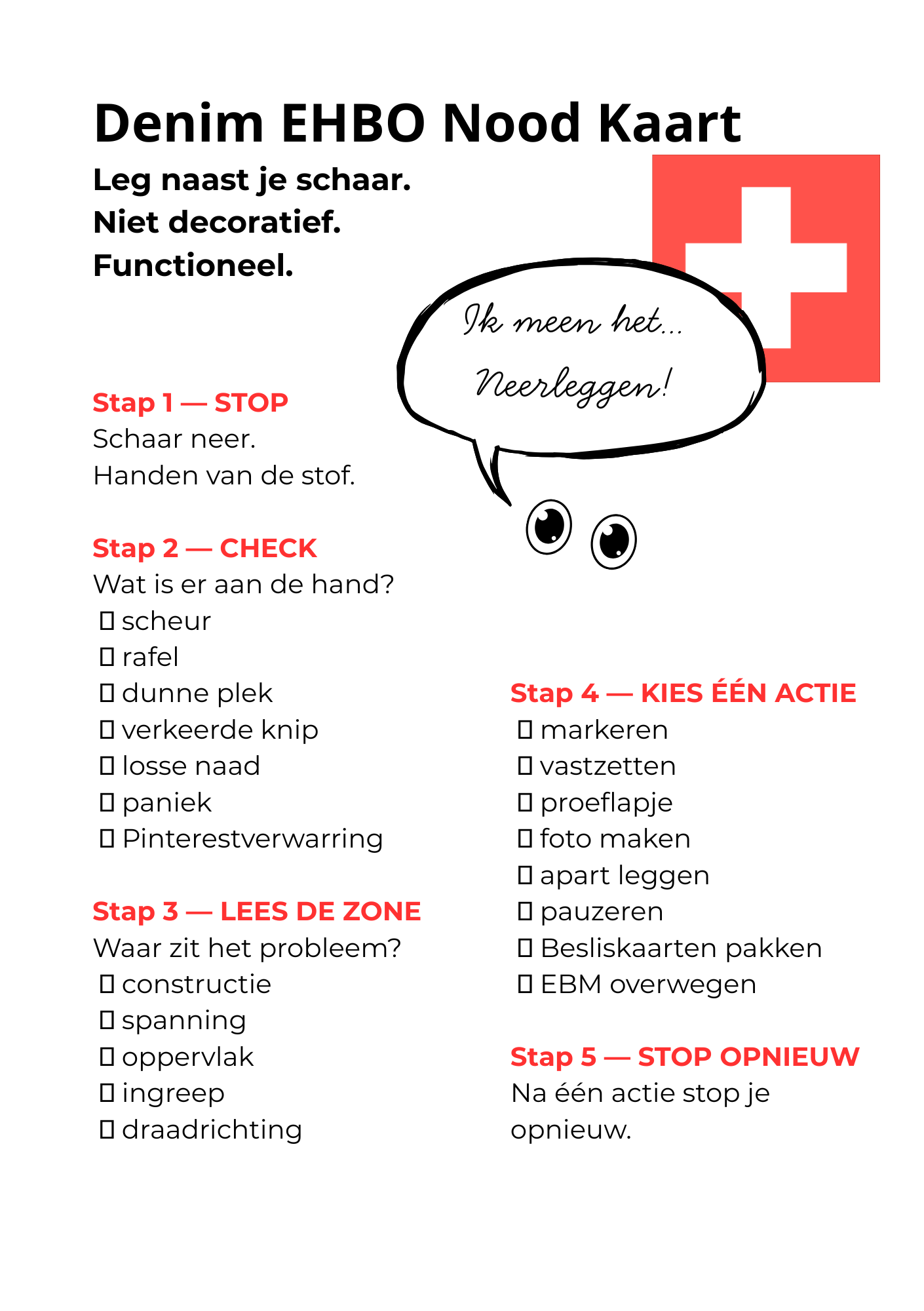 Een instructiekaart voor noodgevallen met stappen voor het veilig neerleggen en controleren van een tas, inclusief opties voor acties, problemen te identificeren en maatregelen te nemen, met een cartoon oog en spraakballon met tekst.