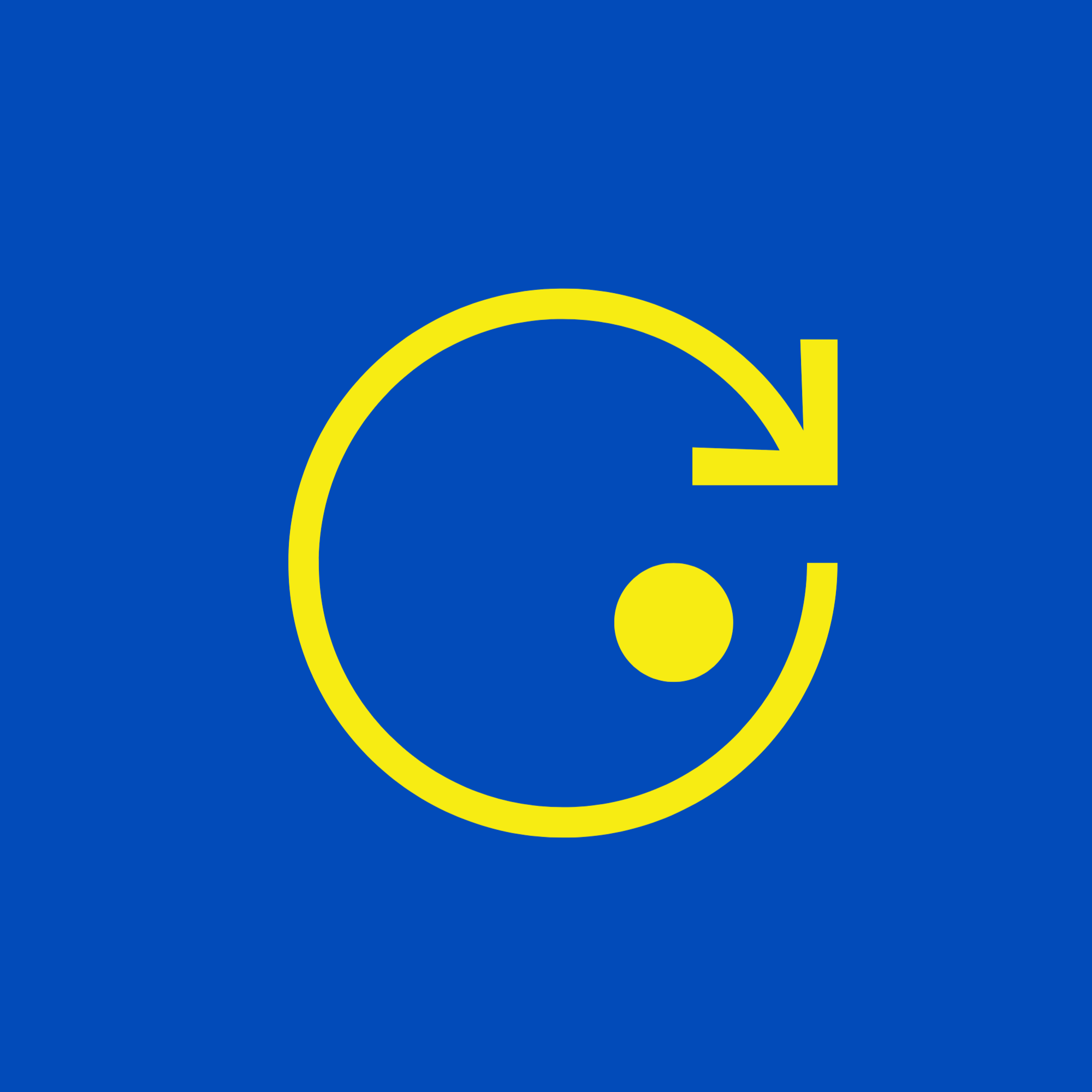 Een blauwe achtergrond met een grote gele cirkel en een hoekige pijl die naar beneden wijst.