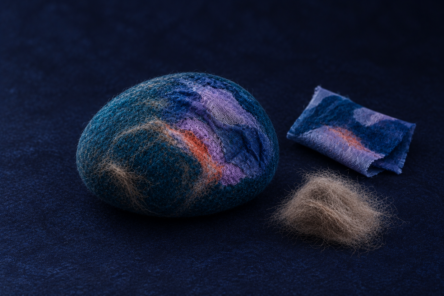 Gekleurd koesterkei waarin stof en dierenhaar zichtbaar is verwerkt, op een donkerblauwe achtergrond.