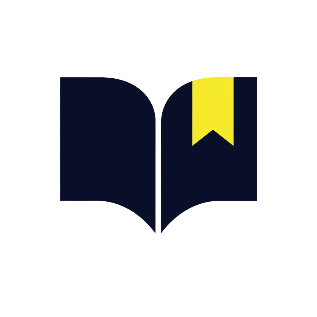 Een open boek met een gele bladwijzer op de rechterpagina.