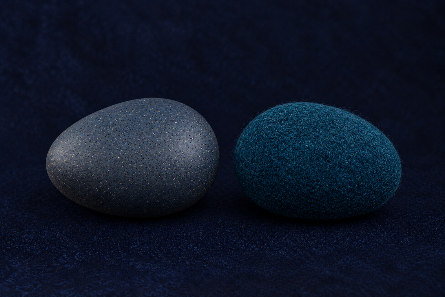 Twee donker blauwe koesterkeien, één gladde van keramiek met mat glazuur en een zachte,ruwe met een gevilten oppervlakte, liggen op een donkere blauwe achtergrond.