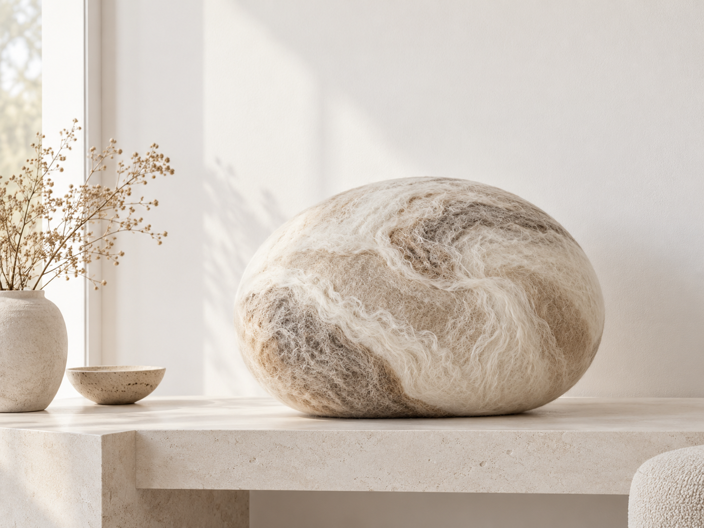 interieur koesterkei met natuurlijke kleuren gevilte buitenkant