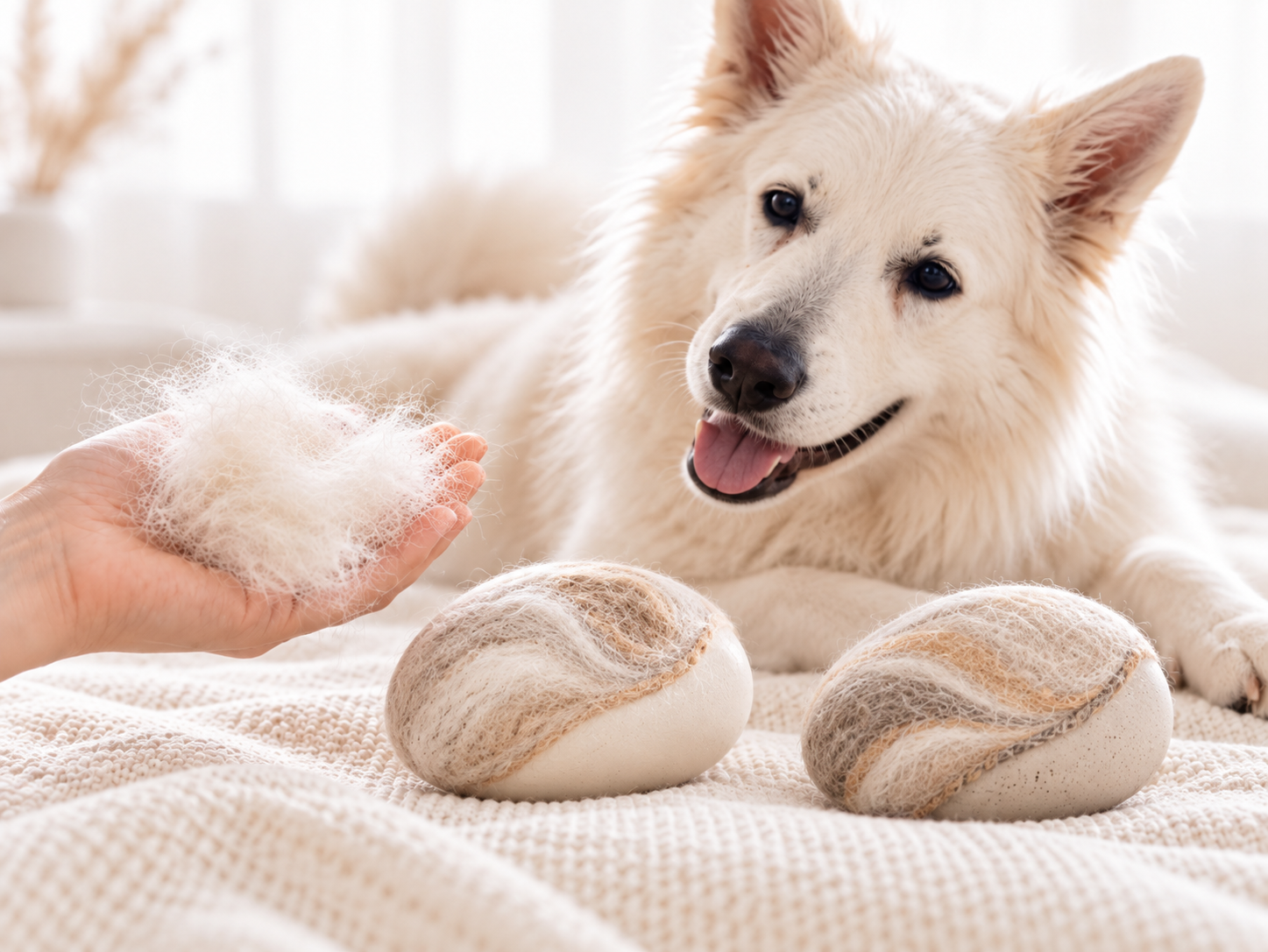 witte hond met een handvol van zijn haren en twee koesterkeien