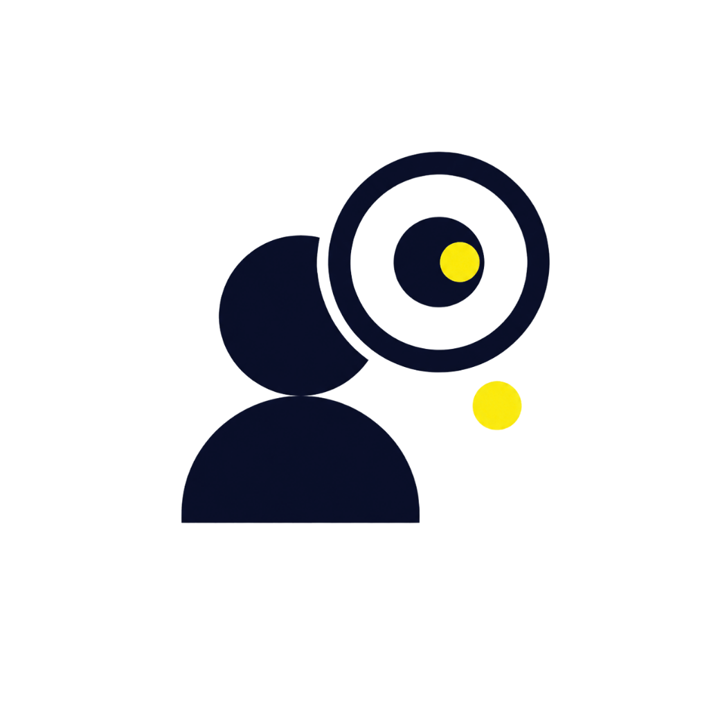 Illustratie van een persoon die door een verrekijker kijkt met een lichtstraal die uit de juiste oor van de persoon straalt.