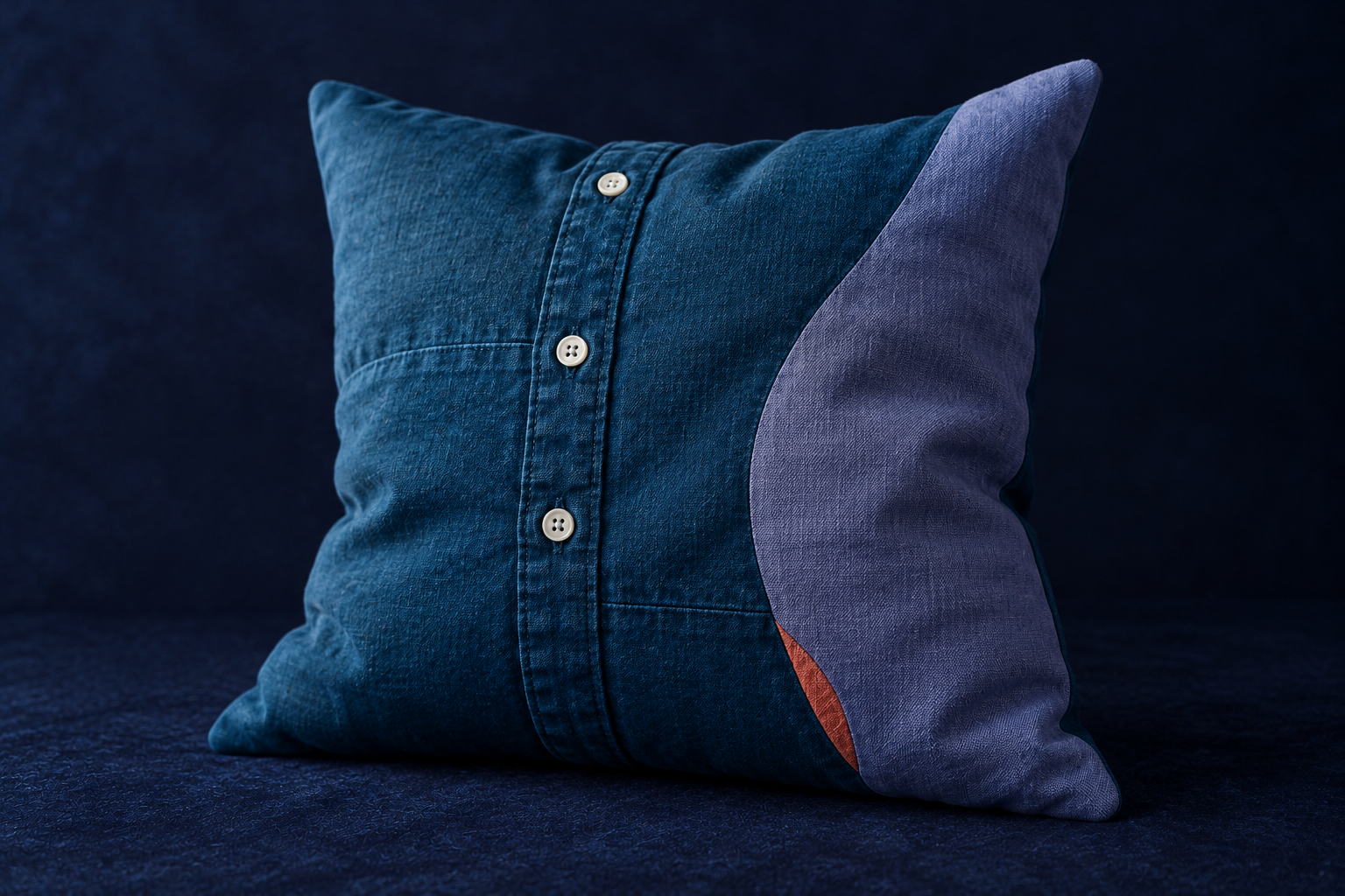 Kussen gemaakt van denim en geverfd linnen met knopen en een geschulpte rand, geplaatst op een donkerblauwe achtergrond.
