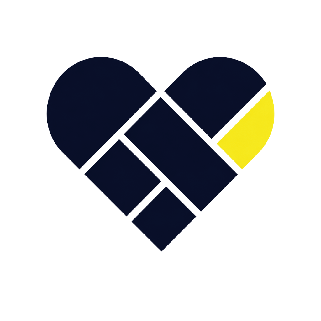 Een hartvormig logo samengesteld uit verschillende geometrische vormen met kleuren zwart, grijs en geel.