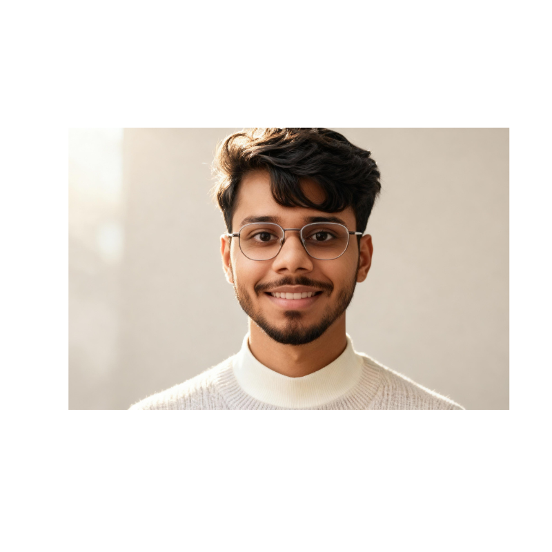 Young man with dark hair, glasses, and a beard smiling at the camera, wearing a white sweater, indoors with neutral background.