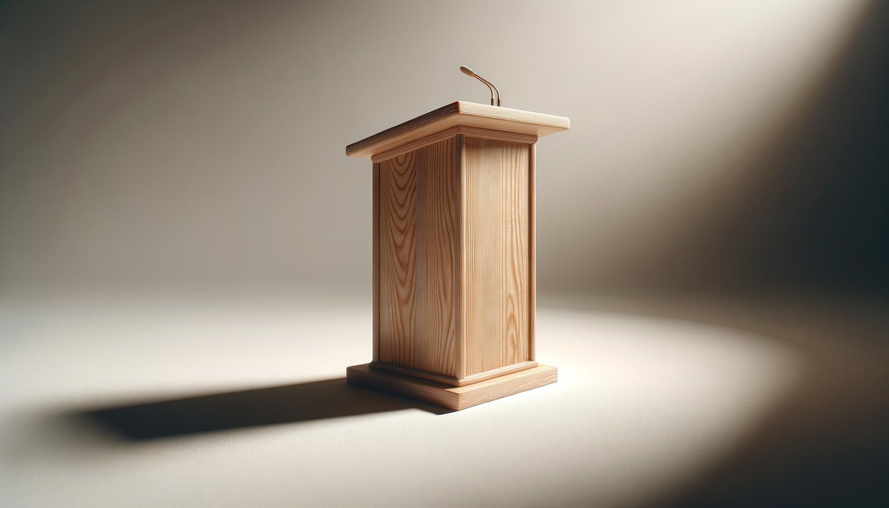 A wooden lecture podium with a microphone on top, positioned on a light-colored surface with shadow cast to the left.
