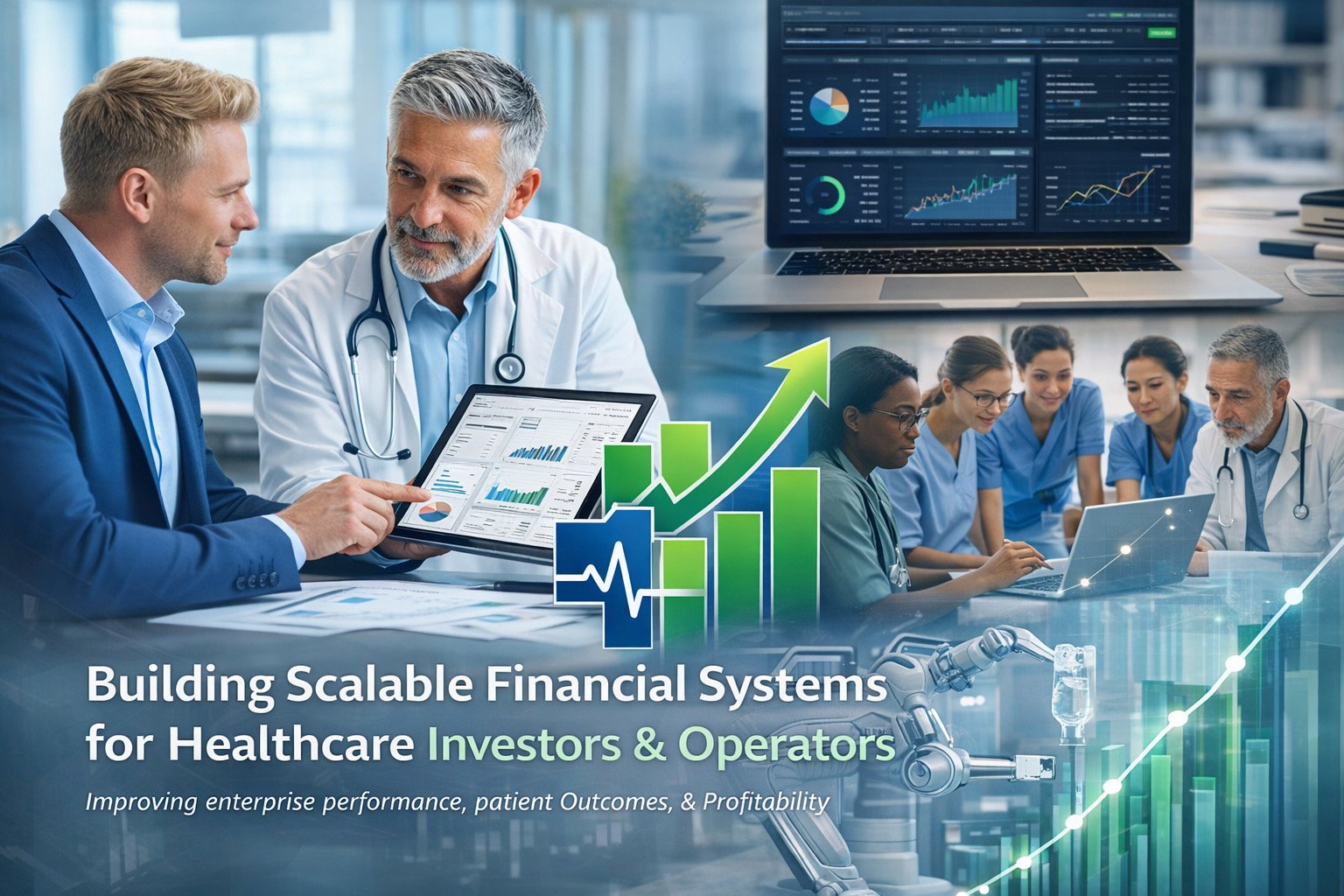 A diverse group of healthcare professionals in a meeting discussing financial data and technology, with charts and graphs on screens, and a robotic arm symbolizing technological advancement.