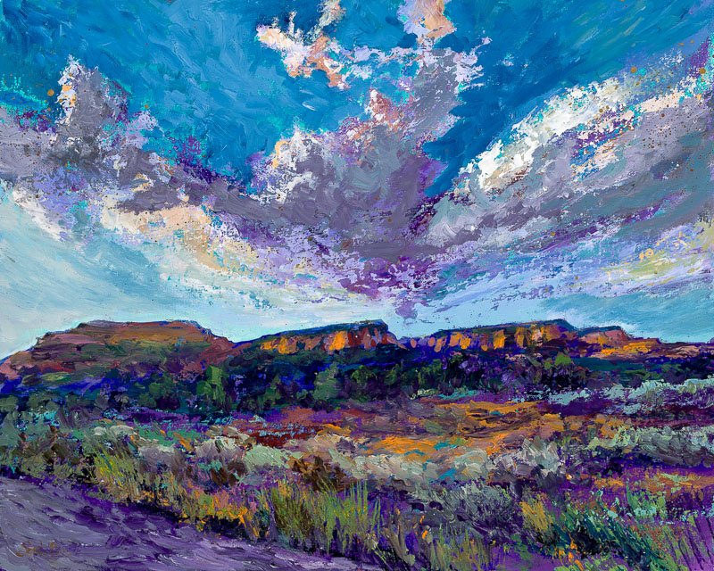 An impressionist landscape painting of a desert scene with a vibrant purple sky, rugged mesas, and colorful desert vegetation.