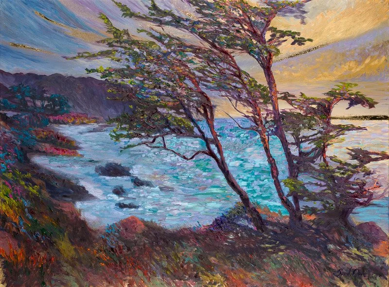 A colorful painting of a coastal scene with trees in the foreground, ocean waves, rocky shoreline, and a sunset sky.
